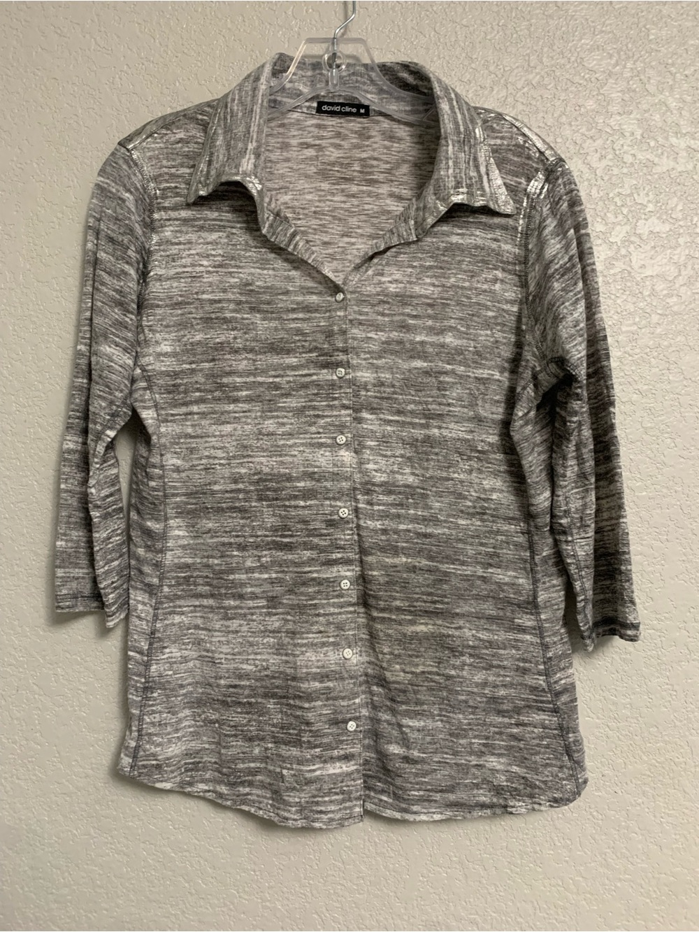 David Cline Top Womens M Crushed Snap Front Shadow Stripe Metallic Grey Artsy